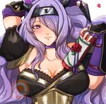  1girl alternate_costume bangs blush breasts camilla_(fire_emblem) cleavage fire_emblem fire_emblem_fates fire_emblem_heroes hair_over_one_eye large_breasts lips long_hair looking_at_viewer ninja official_alternate_costume open_mouth purple_eyes purple_hair scroll seductive_smile sierra117renner smile solo very_long_hair wavy_hair 