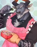  anthro artist_(tikvin) beard black_clothing black_shirt black_topwear blue_eyes bovid bovine cattle chest_tuft clothing dislyte djoser_(dislyte) eyebrows facial_hair handwear hi_res horn lunchbox male mammal mittens pink_apron shirt solo tattoo topwear tuft white_beard white_eyebrows 