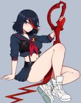  1girl absurdres arm_support black_hair black_skirt blue_eyes blush breasts collarbone crop_top fingerless_gloves full_body gloves hair_over_one_eye highres holding holding_sword holding_weapon kill_la_kill large_breasts looking_at_viewer matoi_ryuuko multicolored_hair navel parted_lips pleated_skirt red_gloves red_hair scissor_blade senketsu shoes short_sleeves single_glove sitting skirt sneakers solo streaked_hair sword the_scarlet_devil weapon white_footwear 