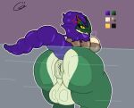  against_surface anthro anus balls big_balls big_breasts big_butt big_tail bird_wyvern breasts butt capcom color_swatch dragon eckles genitals glass gynomorph hair hi_res horn huge_butt intersex looking_at_viewer looking_back makeup monster_hunter on_glass puffy_anus pukei-pukei purple_hair solo video_games voidbeerfloat yellow_eyes 