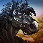  1:1 2022 anthro artist_name black_body black_clothing black_hair black_topwear blue_sky blurred_background bust_portrait clothed clothing dated equid equine glistening glistening_eyes hair horse looking_at_viewer male mammal messy_hair mouth_closed muzzle_(object) muzzled outside portrait rock sky slash_freezen solo topwear yellow_eyes 