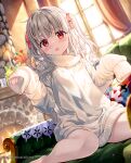  1girl bare_legs barefoot commentary couch curtains fireplace fujima_takuya long_hair long_sleeves looking_at_viewer no_pants on_couch original oversized_clothes red_eyes sitting sleeves_past_fingers sleeves_past_wrists sweater two_side_up wariza white_hair white_sweater window 