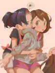  2girls apron backpack bag bag_removed black_hair black_shirt blush bob_cut brown_bag brown_eyes brown_hair cable_knit cardigan commentary dress ellie_niunai_zhuyi_zhe flying_sweatdrops gloria_(pokemon) green_eyes grey_cardigan highres hooded_cardigan hug hug_from_behind marnie_(pokemon) multiple_girls open_mouth pink_apron pink_dress pokemon pokemon_(game) pokemon_swsh shirt short_hair short_sleeves shorts spoken_object t-shirt yuri 