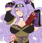  1girl bangs breasts camilla_(fire_emblem) choker cleavage elbow_gloves fingerless_gloves fire_emblem fire_emblem_fates fire_emblem_heroes gloves hair_over_one_eye kunai large_breasts lips long_hair looking_at_viewer ninja official_alternate_costume official_alternate_hairstyle open_mouth ponytail purple_eyes purple_gloves purple_hair scroll seductive_smile shuriken_hair_ornament sierra117renner smile solo very_long_hair wavy_hair weapon 