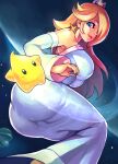  1girl ass babusgames bare_shoulders blonde_hair blue_dress blue_eyes breasts crown detached_sleeves dress earrings feet_out_of_frame hair_over_one_eye jewelry large_breasts long_dress long_hair looking_at_viewer luma_(mario) mario_(series) mini_crown one_eye_covered rosalina smile star_(symbol) star_earrings super_mario_galaxy 