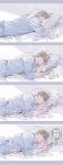  1boy absurdres bed blonde_hair blue_shirt cellphone face_in_pillow highres hikonom holding holding_phone holding_pillow jujutsu_kaisen looking_at_phone lying male_focus nanami_kento navel on_stomach parted_lips phone pillow shirt short_hair sleeping sleeves_rolled_up smartphone solo upper_body waking_up 