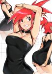  arms_on_head arms_up bare_arms black_choker black_dress brown_eyes choker covered_navel covered_nipples crossed_arms dress frankie_foster hair_tie hands_on_own_ass highres looking_to_the_side o-ring o-ring_choker ponytail red_hair smile thighs vialnite zipper zipper_dress 