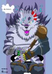  anthro bandai_namco blush bodily_fluids bottomwear bottomwear_down canid canine canis clothed clothing digimon digimon_(species) hands_on_stomach hi_res male male/male mammal one_eye_closed open_mouth pants pants_down partially_clothed sharp_teeth sitting sitting_on_toilet solo speech_bubble stomach_ache sweat teeth text toilet_seat were werecanid werecanine weregarurumon werewolf wolf zetaby2594 