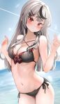 1girl absurdres bangs bikini blue_sky blush breasts cleavage collarbone day grey_hair hands_up highres hololive large_breasts long_hair looking_at_viewer navel ocean outdoors red_eyes sakamata_chloe scarlet_(wv0102) sky solo stomach swimsuit virtual_youtuber 