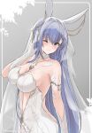  1girl animal_ears azur_lane backless_dress backless_outfit blue_eyes blush breasts bridal_veil clothing_cutout collarbone commentary dress elbow_gloves fake_animal_ears gloves highres large_breasts long_hair new_jersey_(azur_lane) new_jersey_(snow-white_ceremony)_(azur_lane) one_eye_closed solo stomach_cutout uniazi_mikan upper_body veil white_dress white_gloves 