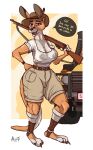  absurd_res anthro areola australian belt bottomwear breasts claws clothed clothing dialogue female footwear fully_clothed fur gun hand_on_hip hat hat_feather headgear headwear hi_res holding_gun holding_object holding_weapon hyenatig_(artist) kangaroo loose_feather macropod mammal marsupial nipples non-mammal_breasts ranged_weapon rifle shorts socks solo tan_body tan_fur translucent translucent_clothing weapon weapon_over_shoulder wide_hips 
