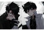  2boys bangs black_gloves black_hair black_horns black_jacket black_shirt blood blood_on_face blood_on_hands blush closed_mouth collared_shirt covering_mouth frown gloves grey_background grey_eyes hair_over_one_eye hand_on_another&#039;s_face highres holding_another&#039;s_wrist horns jacket kim_dokja letterboxed long_sleeves looking_at_viewer male_focus multiple_boys mya2_8 omniscient_reader&#039;s_viewpoint open_clothes open_jacket shirt short_hair white_jacket yoo_joonghyuk 