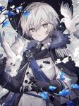  1boy bird blue_flower cape coat dove facing_viewer flower grey_cape grey_eyes hat highres long_sleeves looking_to_the_side male_focus namiki_itsuki original pants parted_lips short_hair solo teeth white_dove white_hair 