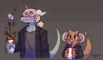  anthro black_eyes blonde_hair bodily_fluids brown_body brown_eyes clothing container cup curled_horns dragon drinking duo female green_body hair hi_res holding_cup holding_object hoodie horn kobold male miistniight piko_(simplifypm) pseftis_savra question_mark scalie shirt squeezing sweat topwear 