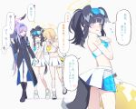 3girls ahoge animal_ears bangs bare_shoulders black_hair blonde_hair blue_archive blue_eyes blush boots braid breasts cheerleader commentary_request crop_top dog_ears dog_girl dog_tail eyewear_on_head from_behind glasses gloves goggles goggles_on_head halo hibiki_(blue_archive) hibiki_(cheerleader)_(blue_archive) kotori_(blue_archive) kotori_(cheerleader)_(blue_archive) long_hair looking_at_viewer looking_back mechanical_halo medium_breasts midriff mimitoke miniskirt multiple_girls multiple_views navel official_alternate_costume open_mouth pom_pom_(cheerleading) ponytail purple_hair red_eyes shoes short_hair sidelocks skirt smile sneakers speech_bubble sunglasses tail translation_request twintails utaha_(blue_archive) utaha_(cheerleader)_(blue_archive) white_skirt 