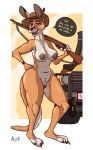  absurd_res anthro areola australian bottomless breasts claws clothed clothing dialogue female fur genitals gun hand_on_hip hat hat_feather hat_only headgear headgear_only headwear headwear_only hi_res holding_gun holding_object holding_weapon hyenatig_(artist) kangaroo loose_feather macropod mammal marsupial mostly_nude nipples non-mammal_breasts nude pussy ranged_weapon rifle solo tan_body tan_fur weapon weapon_over_shoulder wide_hips 