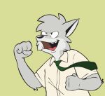  anthro clothing dress_shirt fur green_background grey_body grey_fur heyitscousindave kyle_mckinley male necktie open_mouth shirt simple_background smile solo teeth_showing tongue_showing topwear yellow_clothing yellow_dress_shirt yellow_shirt yellow_topwear 