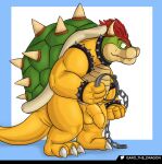  absurd_res armband balls bowser chain claws collar eyebrows fangs flaccid foreskin full-length_portrait garo_(artist) genitals hi_res horn humanoid_genitalia koopa male mario_bros muscular nintendo penis portrait scalie shaded shell simple_background solo standing thick_eyebrows thick_penis video_games wristband 