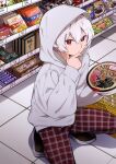  1boy absurdres bag_of_chips bangs basket bishounen candy commentary_request convenience_store cookie finger_to_mouth food groceries highres holding hood hoodie indoors kuga_yuuma long_sleeves looking_at_viewer male_focus plaid_pajamas red_eyes shop shopping shopping_basket short_hair solo supermarket uma_u white_hair white_hoodie world_trigger 