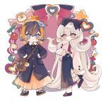  2girls alternate_costume bag bangs black_footwear black_hair black_jacket black_skirt blue_eyes deformed fish_hair_ornament grey_hair hair_between_eyes hair_ornament handbag hands_on_hips highres jacket long_hair multicolored_hair multiple_girls nijisanji nijisanji_en orange_hair orange_skirt petra_gurin pink_eyes pink_jacket reimu_endou shoes short_hair skirt sleeves_past_fingers sleeves_past_wrists star_(symbol) streaked_hair very_long_hair virtual_youtuber white_skirt yuyu_(yubuchimao) 