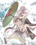  2girls black_hair black_shorts callie_(splatoon) carrying cousins cross-shaped_pupils earrings geta green_umbrella grey_hair grey_kimono hair_ornament haori highres japanese_clothes jewelry kimono long_hair long_sleeves marie_(splatoon) multicolored_hair multiple_girls oil-paper_umbrella orange_eyes pink_hair plum0o0 pointy_ears princess_carry shirt short_hair shorts socks splatoon_(series) splatoon_2 tabi tentacle_hair two-tone_hair umbrella white_shirt white_socks wide_sleeves yellow_eyes 