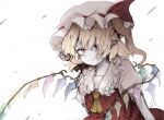  1girl ascot blonde_hair closed_mouth flandre_scarlet fleuriste frilled_shirt_collar frills hat hat_ribbon highres looking_at_viewer medium_hair mob_cap multicolored_wings pointy_ears red_eyes red_ribbon red_skirt red_vest ribbon ribbon-trimmed_headwear ribbon_trim shirt side_ponytail simple_background skirt smile solo touhou upper_body vest white_background white_headwear white_shirt wings yellow_ascot 