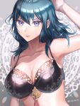  1girl alternate_costume arm_up armpits bangs black_bra blue_hair bra breasts byleth_(fire_emblem) byleth_(fire_emblem)_(female) cleavage collarbone commentary english_commentary fire_emblem fire_emblem:_three_houses hair_between_eyes highres large_breasts liszodow long_hair looking_at_viewer purple_eyes solo twitter_username underwear 