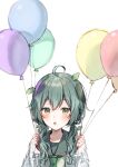  1girl :o ahoge balloon bangs blush collarbone commentary green_eyes green_hair green_sailor_collar green_shirt hair_between_eyes hair_over_shoulder holding holding_balloon labcoat leaf leaf_on_head long_hair long_sleeves looking_at_viewer low_twintails midorikawa_you open_clothes original parted_lips sailor_collar shirt simple_background sleeves_past_wrists solo symbol-only_commentary twintails white_background 