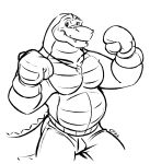  2022 alligator alligatorid anthro biped bottomwear boxing_gloves boxing_shorts brok_(character) brok_the_investigator clothing crocodilian digital_drawing_(artwork) digital_media_(artwork) handwear hi_res kingdomblade male reptile scalie shorts simple_background slightly_chubby solo video_games 