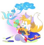  1boy alien blue_eyes drawloverlala furry furry_male gloves highres male_focus multiple_tails one-eyed shoes simple_background sneakers sonic_(series) sonic_colors tail tails_(sonic) two_tails white_background white_gloves wisp_(sonic) yacker_the_wisp yellow_fur 