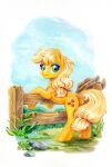  2022 applejack_(mlp) blonde_hair butt clothing colored_pencil_(artwork) cowboy_hat cutie_mark earth_pony equid equine female fence fencepost feral friendship_is_magic hair hasbro hat headgear headwear hi_res horse looking_at_viewer looking_back looking_back_at_viewer mammal maytee my_little_pony orange_body pony ponytail quadruped rock solo traditional_media_(artwork) yellow_tail 