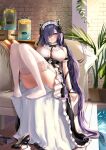  1girl absurdly_long_hair apron august_von_parseval_(azur_lane) august_von_parseval_(the_conquered_unhulde)_(azur_lane) azur_lane between_breasts black_footwear black_horns breasts ciki_(lavinci) cross-laced_dress curled_horns full_body hair_over_one_eye high_heels highres horns indoors large_breasts long_hair looking_at_viewer maid_headdress mechanical_horns official_alternate_costume one_eye_covered purple_eyes purple_hair shoes shoes_removed sleeveless solo strap_between_breasts thighhighs very_long_hair white_apron white_garter_straps white_thighhighs 