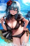  1girl asada_sadao bikini bikini_tug black_bikini blue_eyes breasts byleth_(fire_emblem) byleth_(fire_emblem)_(female) byleth_(summer)_(fire_emblem)_(female) fire_emblem fire_emblem:_three_houses fire_emblem_heroes flower green_hair hair_flower hair_ornament hand_on_hip highres large_breasts navel ocean palm_tree swimsuit tree wading wristband 