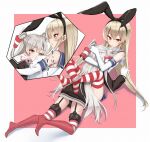  2girls 79g amatsukaze_(kancolle) animal_ears between_legs blonde_hair blue_sailor_collar blue_skirt breasts brown_eyes commission elbow_gloves full_body garter_belt garter_straps gloves grey_hair highres hug jitome kantai_collection kneehighs long_hair miniskirt mole mole_on_breast multiple_girls rabbit_ears sailor_collar school_uniform serafuku shimakaze_(kancolle) simple_background skirt sleeveless small_breasts smell smelling socks soles steam steaming_body striped striped_socks toes twintails white_gloves yuri 