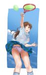  1girl :d accidental_exposure arm_up ass_visible_through_thighs blue_sky blush bra bra_visible_through_clothes brown_hair clothes_lift cloud collared_shirt commission hamedoragon highres idolmaster idolmaster_cinderella_girls kneehighs long_hair looking_at_viewer nitta_minami panties pantyshot pink_bra pink_panties pixiv_commission playing_sports ponytail shirt skirt skirt_lift sky smile socks solo tennis underwear wet wet_clothes wet_shirt 