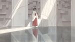  1girl barefoot food hakama highres horns japanese_clothes oni_horns original others_(gogo-o) own_hands_clasped own_hands_together red_hakama reflection reflective_floor solo standing 