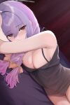  1girl atsuko_(blue_archive) black_camisole blue_archive blush bow braid breasts camisole cleavage cowboy_shot grey_halo hair_between_eyes halo highres large_breasts long_hair looking_at_viewer orange_bow purple_hair red_eyes ryouta_(ryouta335) solo twin_braids 