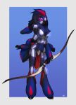 ambiguous_gender anthro arachnid armor arthropod bow_(weapon) clothing multi_arm multi_eye multi_limb necroizu nyxus_(lappi) ranged_weapon simple_background solo spider weapon