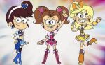  3girls bad_source boots cosplay cure_berry cure_berry_(cosplay) cure_peace cure_peace_(cosplay) cure_pine cure_pine_(cosplay) fresh_precure! leni_loud looking_at_viewer lowres luan_loud luna_loud magical_girl multiple_girls precure smile the_loud_house tooth 