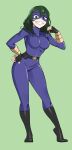  1girl absurdres belt black_footwear black_gloves bodysuit boku_no_hero_academia clenched_teeth contrapposto domino_mask fingerless_gloves full_body gloves green_background green_eyes hand_on_own_hip highres koyap mask medium_hair purple_bodysuit purple_mask simple_background skin_tight smile solo teeth tokage_setsuna 