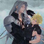  2boys arm_around_waist arm_ribbon armor bangle black_coat black_gloves black_skirt blonde_hair blood blood_from_mouth blue_eyes bracelet chest_strap closed_mouth cloud cloudy_sky coat dirty dirty_face final_fantasy final_fantasy_vii final_fantasy_vii_advent_children gloves grey_eyes grey_hair hair_between_eyes highres holding_hands jewelry long_bangs long_coat long_hair long_sleeves looking_at_another male_focus multiple_boys nikuram_f parted_bangs parted_lips pink_ribbon popped_collar ribbon sephiroth shirt short_hair shoulder_armor single_shoulder_pad skirt sky sleeveless sleeveless_shirt slit_pupils smile spiked_hair upper_body yaoi 