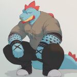  1boy arm_hair arm_tattoo bara beard chest_hair_peek crocodilian_tail facial_hair feraligatr feraligatr_(ironxghost) full_beard full_body furry furry_male highres jephhh large_pectorals looking_at_viewer male_focus mohawk muscular muscular_male nose_piercing nose_ring pants pectorals personification piercing pokemon reptile_boy sanpaku shirt short_hair solo squatting t-shirt tail tattoo thick_thighs thighs tsurime 