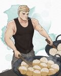  1boy bara black_tank_top blonde_hair cigarette cooking dual_wielding dungeon_meshi feet_out_of_frame holding laios_thorden male_focus muscular muscular_male pants pectoral_cleavage pectorals short_hair sidepec smoking solo tank_top taogebear undercut wok 