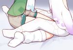  2girls bed_sheet brown_shorts character_request check_character green_jacket honkai:_star_rail honkai_(series) huohuo_(honkai:_star_rail) jacket langbazi lower_body multiple_girls no_shoes pantyhose short_shorts shorts signature sitting socks soles wariza white_pantyhose white_socks 