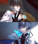  2boys armor black_gloves black_hair blue_eyes cape charlemagne_(fate) disdain dual_persona fate/grand_order fate_(series) gloves highres holding_own_arm idass_(idass16) looking_ahead looking_at_viewer male_focus multiple_boys open_mouth red_eyes shaded_face shadow short_hair shoulder_armor surprised upper_body white_cape white_hair 