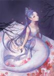  1girl absurdres blue_hair branch breasts earrings flower grey_eyes highres jewelry liliantsai0417 long_hair looking_at_viewer mermaid monster_girl original pointy_ears sitting solo very_long_hair 