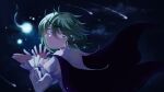  1girl androgynous bangs black_cape blush cape closed_mouth commentary_request frilled_sleeves frills green_eyes green_hair hair_between_eyes highres lakenightbug long_sleeves looking_at_viewer looking_back shirt shooting_star short_hair smile solo touhou upper_body white_shirt wriggle_nightbug 