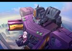 1girl autobot blush bow bowtie breasts cockpit collared_shirt gridman_universe highres jacket lantana0_0 large_breasts long_sleeves looking_at_viewer mecha off_shoulder open_cockpit optimus_prime_(shattered_glass) pantyhose pilot_chair purple_jacket red_eyes robot school_uniform science_fiction shinjou_akane shirt short_hair sitting skirt smile ssss.gridman transformers transformers_shattered_glass white_shirt 