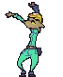 animated anthro armor arms_above_head belt brown_body clothing dancing female green_clothing hard_hat headgear helmet low_res miner monster protective_gear roksim solo undertale_yellow