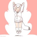  1girl animal_ears arms_up cardigan coroha extra_ears full_body jumping kemono_friends looking_at_viewer pink_background shirt shoes short_hair simple_background skirt socks solo stoat_(kemono_friends) tail weasel_ears weasel_girl weasel_tail white_hair 